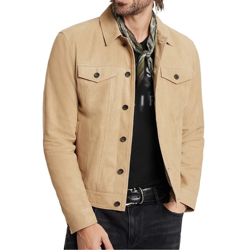 John Varvatos Men's Andrew Soft Sheepskin Leather Trucker Pocket Jacket Camel 56